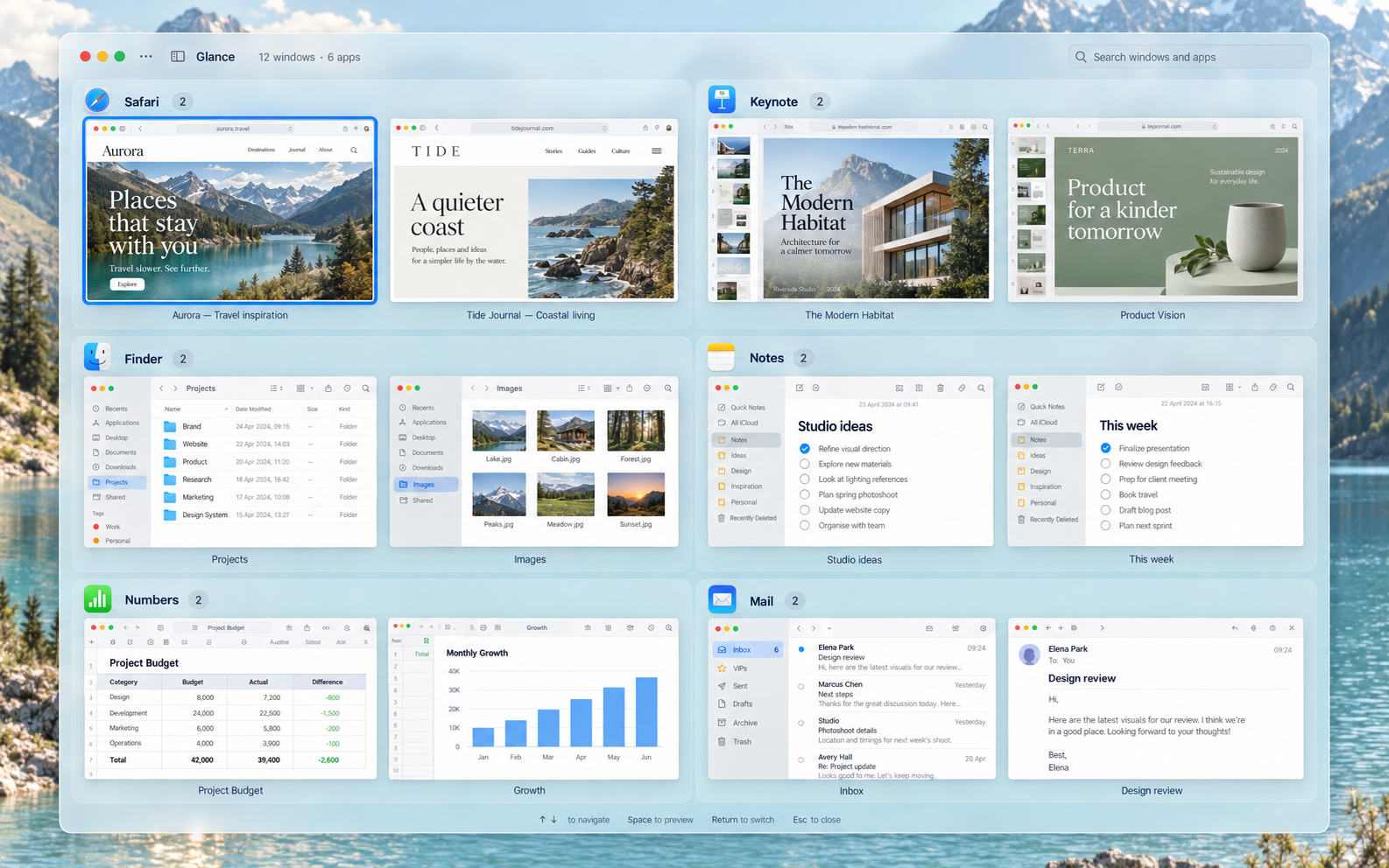 Illustrated Glance workspace with twelve fictional windows grouped by app over an alpine lake.